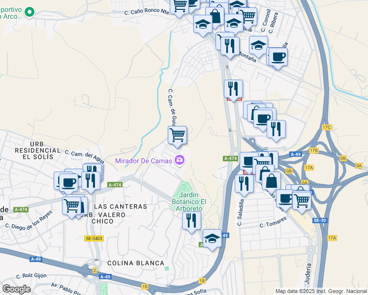 map of restaurants, bars, coffee shops, grocery stores, and more near 6 Calle Málaga in Camas