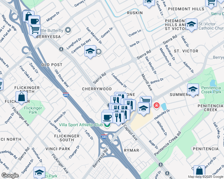 map of restaurants, bars, coffee shops, grocery stores, and more near 2487 Amaryl Drive in San Jose