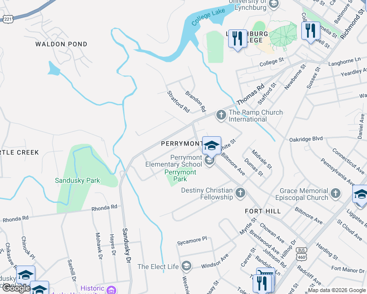 map of restaurants, bars, coffee shops, grocery stores, and more near in Lynchburg
