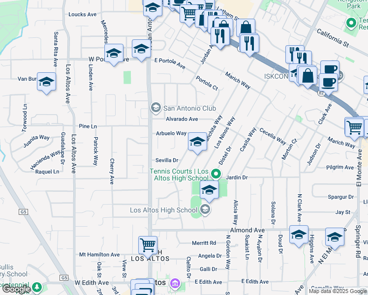 map of restaurants, bars, coffee shops, grocery stores, and more near 510 Valencia Drive in Los Altos