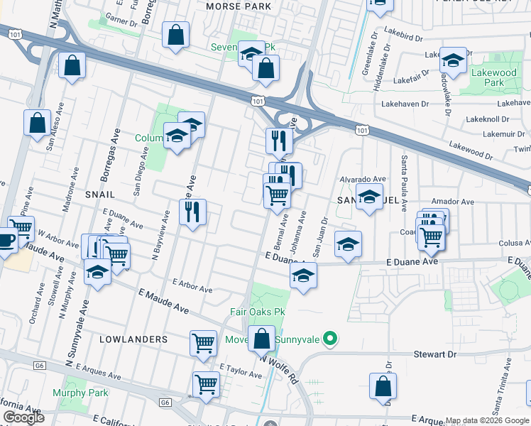 map of restaurants, bars, coffee shops, grocery stores, and more near 666 Fair Oaks Avenue in Sunnyvale