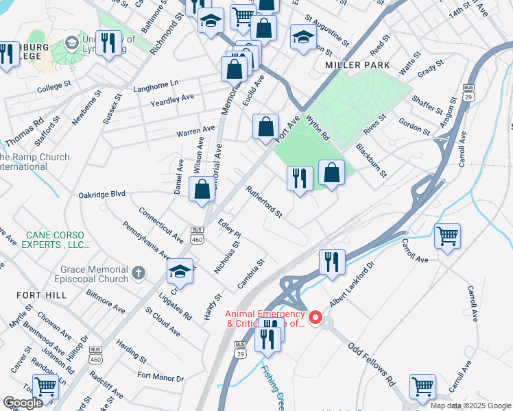 map of restaurants, bars, coffee shops, grocery stores, and more near 317 Rutherford Street in Lynchburg