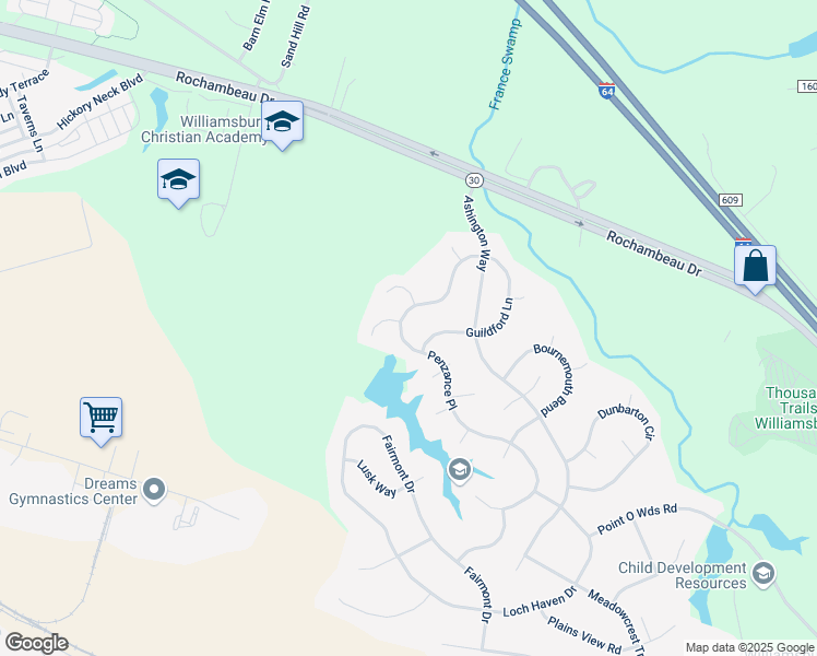 map of restaurants, bars, coffee shops, grocery stores, and more near 3945 Penzance Place in Williamsburg