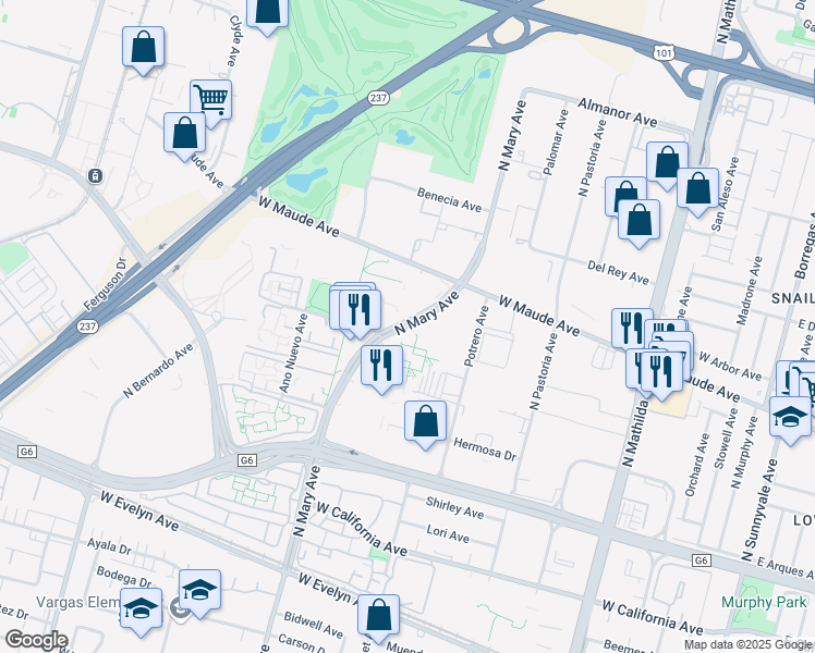 map of restaurants, bars, coffee shops, grocery stores, and more near 420 North Mary Avenue in Sunnyvale