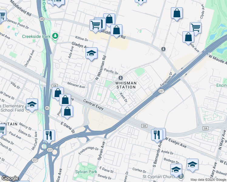 map of restaurants, bars, coffee shops, grocery stores, and more near 156 Cottonwood Court in Mountain View