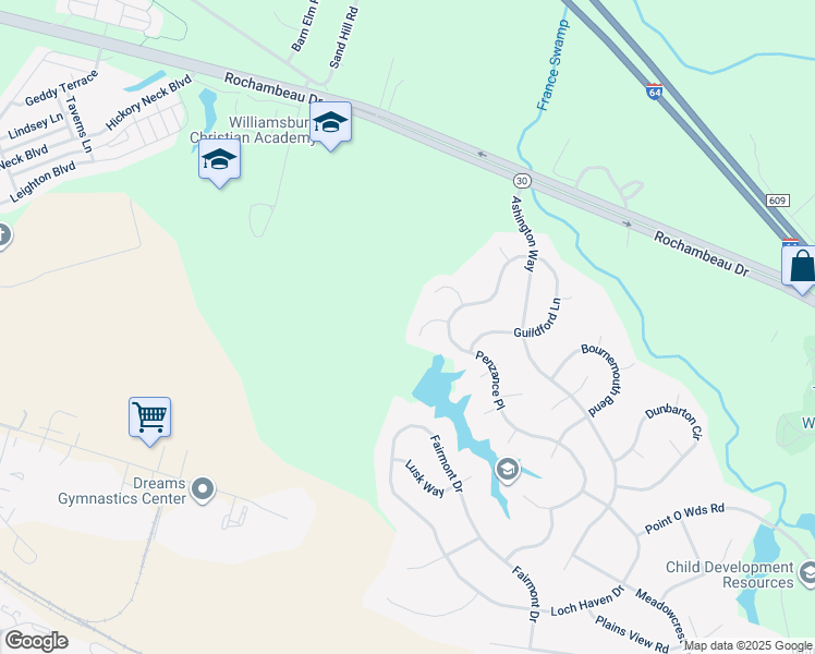 map of restaurants, bars, coffee shops, grocery stores, and more near 8416 Attleborough Way in Williamsburg