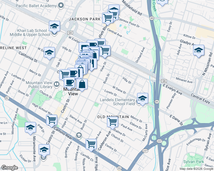 map of restaurants, bars, coffee shops, grocery stores, and more near 461 West Dana Street in Mountain View