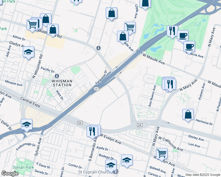 map of restaurants, bars, coffee shops, grocery stores, and more near 695 Ravendale Drive in Mountain View