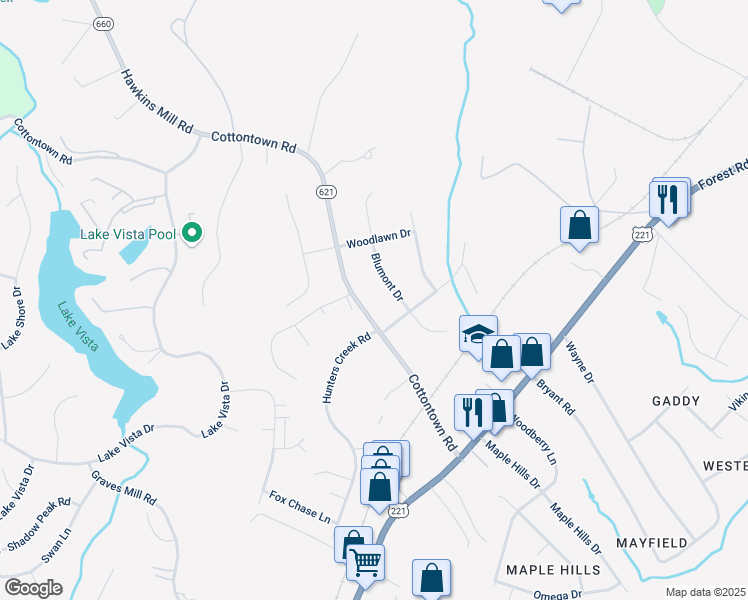 map of restaurants, bars, coffee shops, grocery stores, and more near 1441 Cottontown Road in Lynchburg