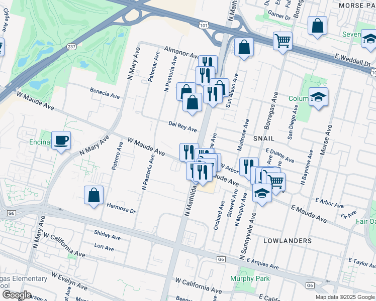 map of restaurants, bars, coffee shops, grocery stores, and more near 505 North Mathilda Avenue in Sunnyvale