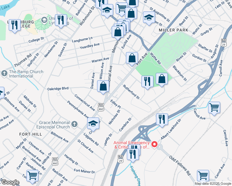 map of restaurants, bars, coffee shops, grocery stores, and more near 3610 Fort Avenue in Lynchburg