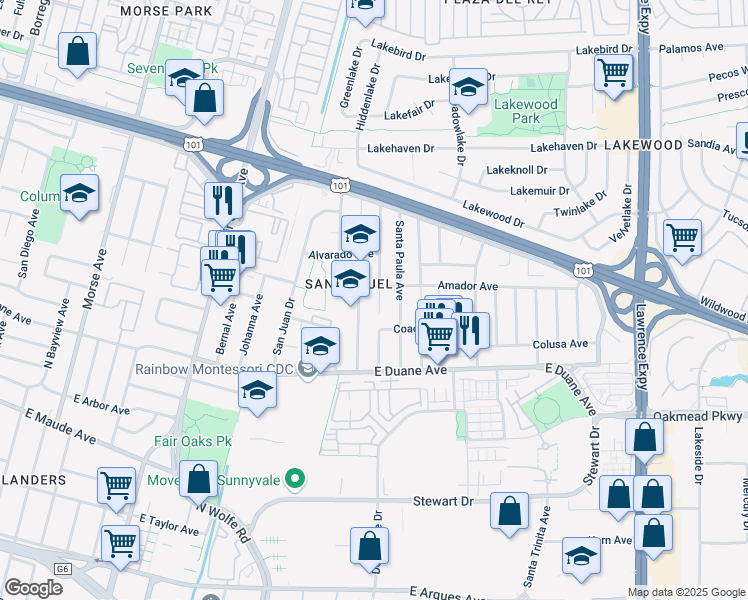map of restaurants, bars, coffee shops, grocery stores, and more near 726 San Pablo Avenue in Sunnyvale