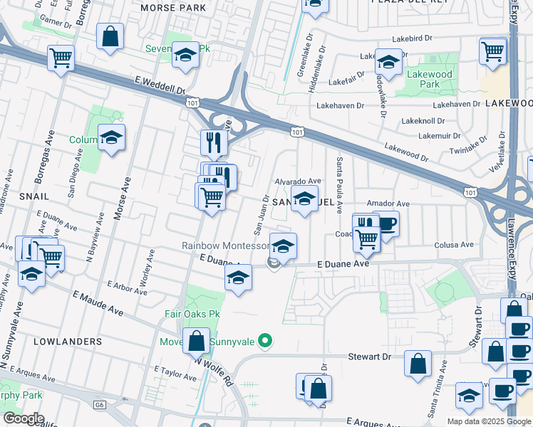 map of restaurants, bars, coffee shops, grocery stores, and more near 743 Brea Terrace in Sunnyvale