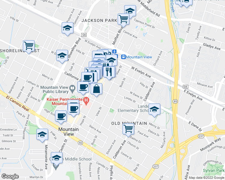 map of restaurants, bars, coffee shops, grocery stores, and more near 550 California Street in Mountain View