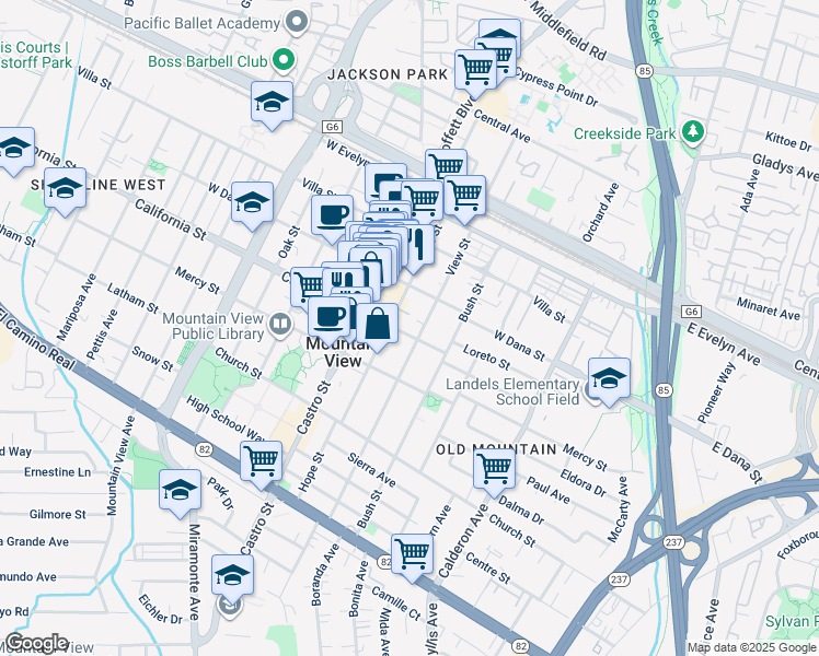 map of restaurants, bars, coffee shops, grocery stores, and more near 423 Hope Street in Mountain View