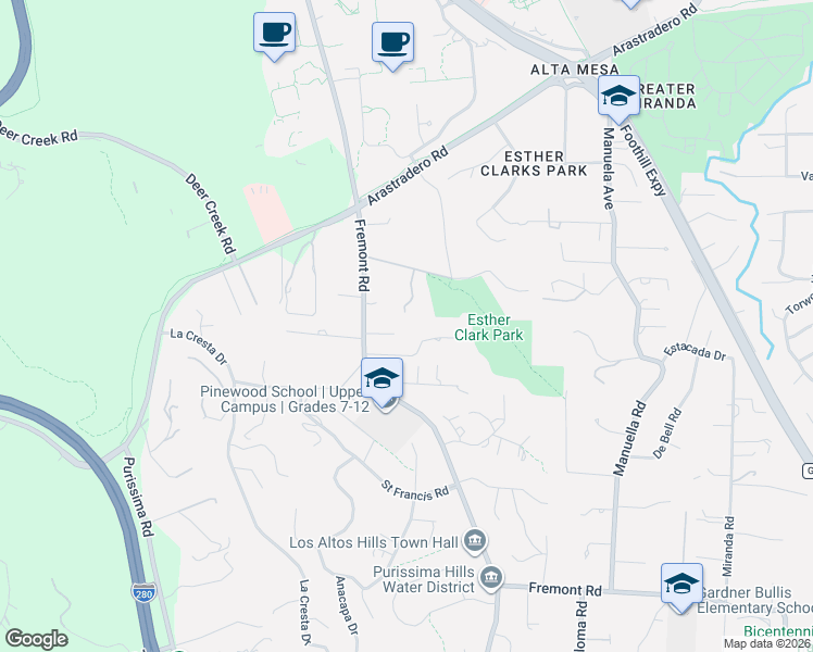 map of restaurants, bars, coffee shops, grocery stores, and more near 26974 Fremont Road in Los Altos Hills