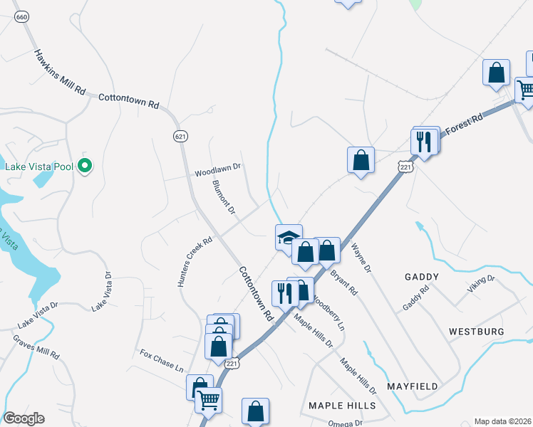 map of restaurants, bars, coffee shops, grocery stores, and more near 203 Brookfield Road in Lynchburg