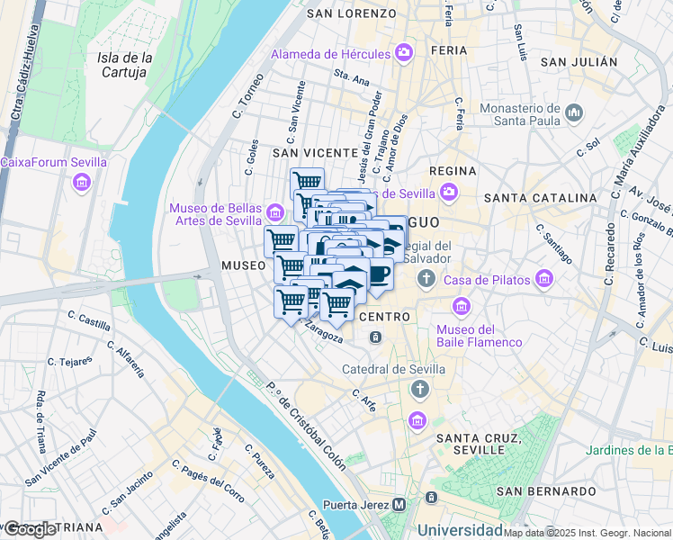 map of restaurants, bars, coffee shops, grocery stores, and more near 1 Plaza de la Magdalena in Sevilla