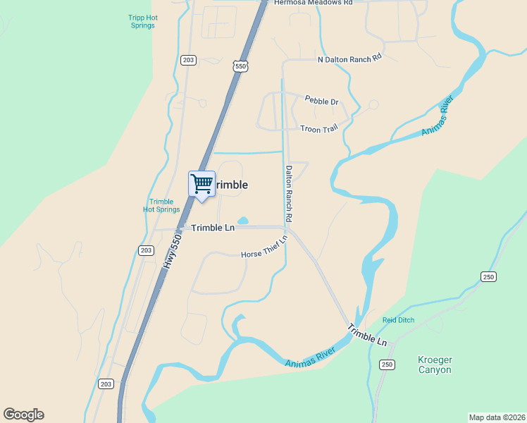 map of restaurants, bars, coffee shops, grocery stores, and more near 373 Co Road 252 in Durango