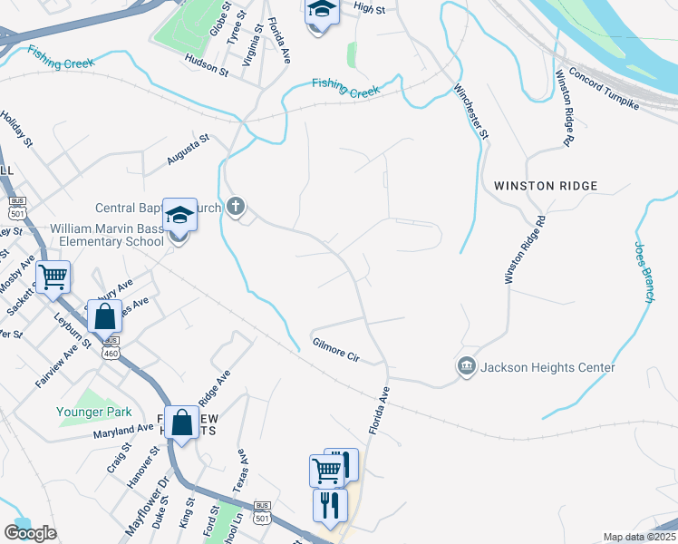 map of restaurants, bars, coffee shops, grocery stores, and more near 1611 Florida Avenue in Lynchburg