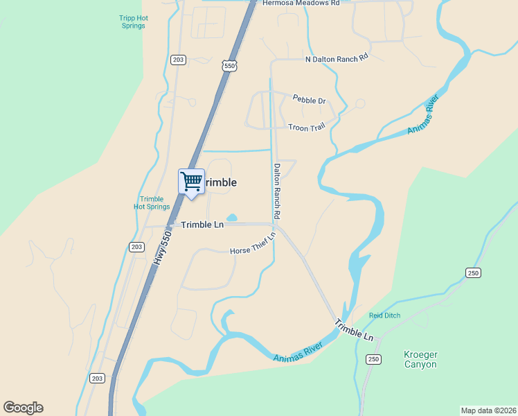 map of restaurants, bars, coffee shops, grocery stores, and more near Dalton Ranch Road in Durango
