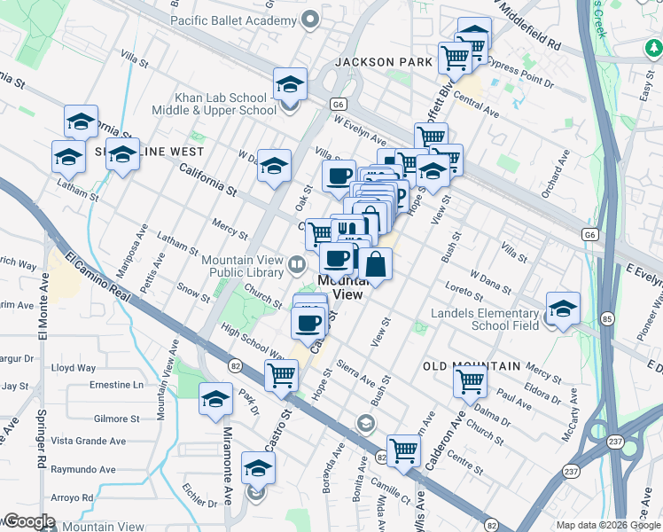 map of restaurants, bars, coffee shops, grocery stores, and more near 444 Castro Street in Mountain View