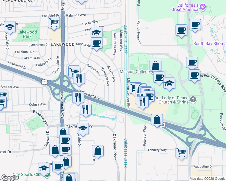 map of restaurants, bars, coffee shops, grocery stores, and more near 1362 Socorro Avenue in Sunnyvale