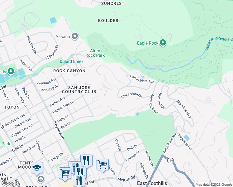 map of restaurants, bars, coffee shops, grocery stores, and more near 11260 Chula Vista Ave in San Jose