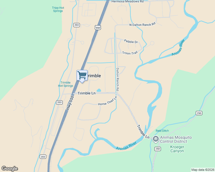 map of restaurants, bars, coffee shops, grocery stores, and more near 373 Co Road 252 in Durango