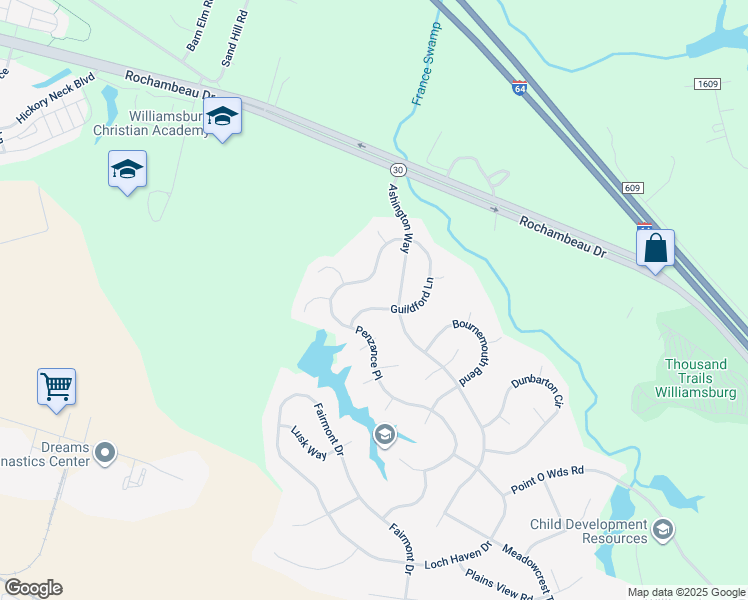 map of restaurants, bars, coffee shops, grocery stores, and more near 3959 Guildford Ln in Williamsburg