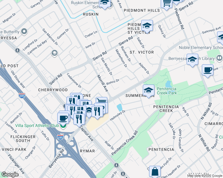 map of restaurants, bars, coffee shops, grocery stores, and more near 1169 Morrill Avenue in San Jose