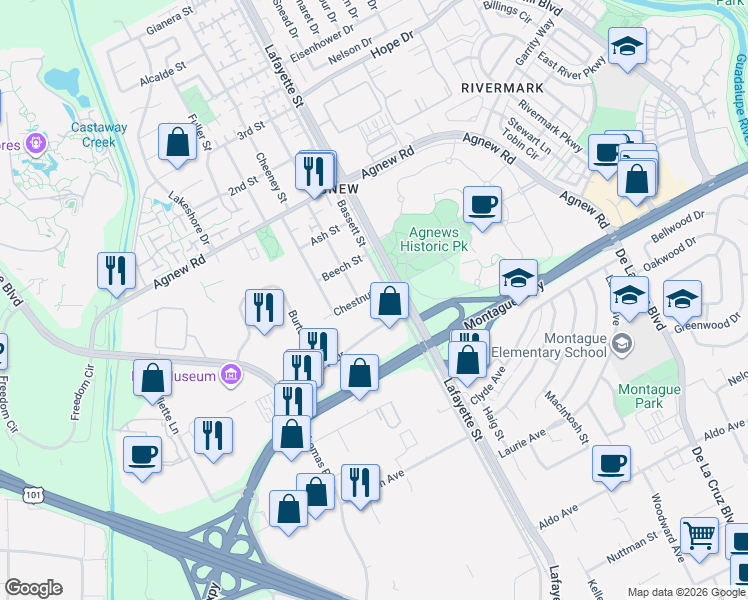 map of restaurants, bars, coffee shops, grocery stores, and more near 1605 Wyatt Drive in Santa Clara