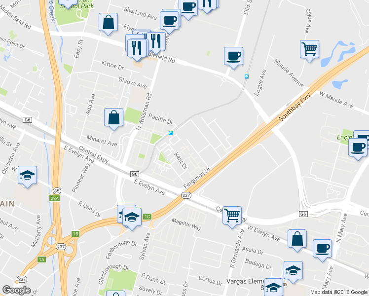 map of restaurants, bars, coffee shops, grocery stores, and more near 424 Kent Drive in Mountain View