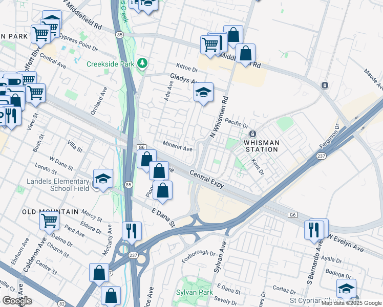 map of restaurants, bars, coffee shops, grocery stores, and more near 192 South Whisman Road in Mountain View