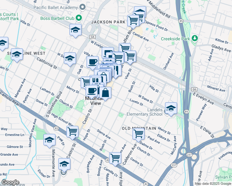 map of restaurants, bars, coffee shops, grocery stores, and more near 423 Hope Street in Mountain View
