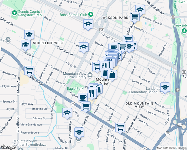 map of restaurants, bars, coffee shops, grocery stores, and more near 585 Franklin Street in Mountain View