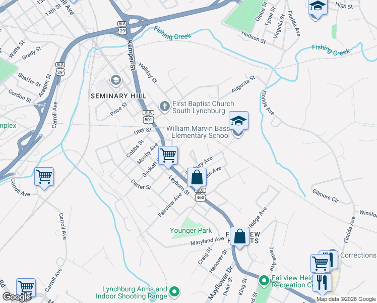 map of restaurants, bars, coffee shops, grocery stores, and more near 1966 Easley Avenue in Lynchburg