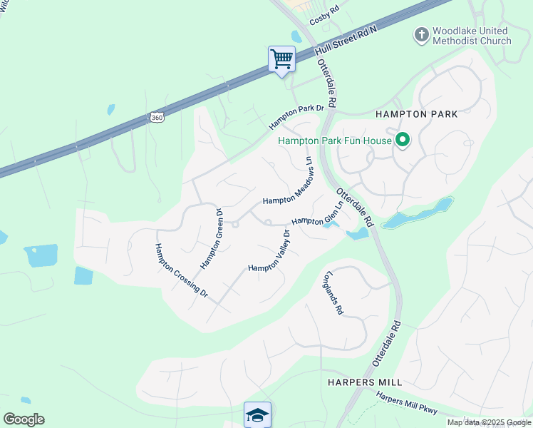 map of restaurants, bars, coffee shops, grocery stores, and more near 16318 Hampton Glen Lane in Chesterfield