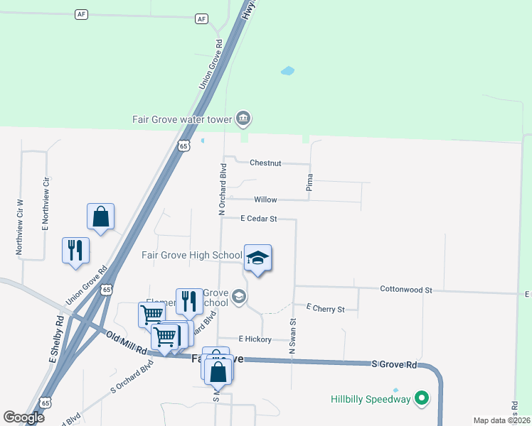 map of restaurants, bars, coffee shops, grocery stores, and more near 2-198 E Cedar St in Fair Grove