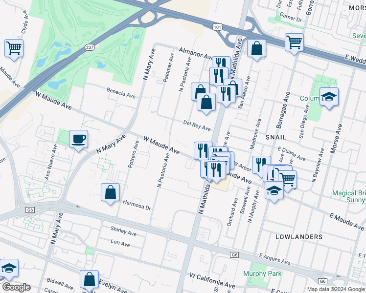 map of restaurants, bars, coffee shops, grocery stores, and more near 683 W Maude Ave in Sunnyvale