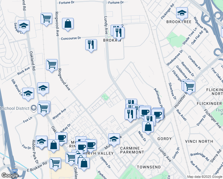 map of restaurants, bars, coffee shops, grocery stores, and more near 1381 Marcello Drive in San Jose
