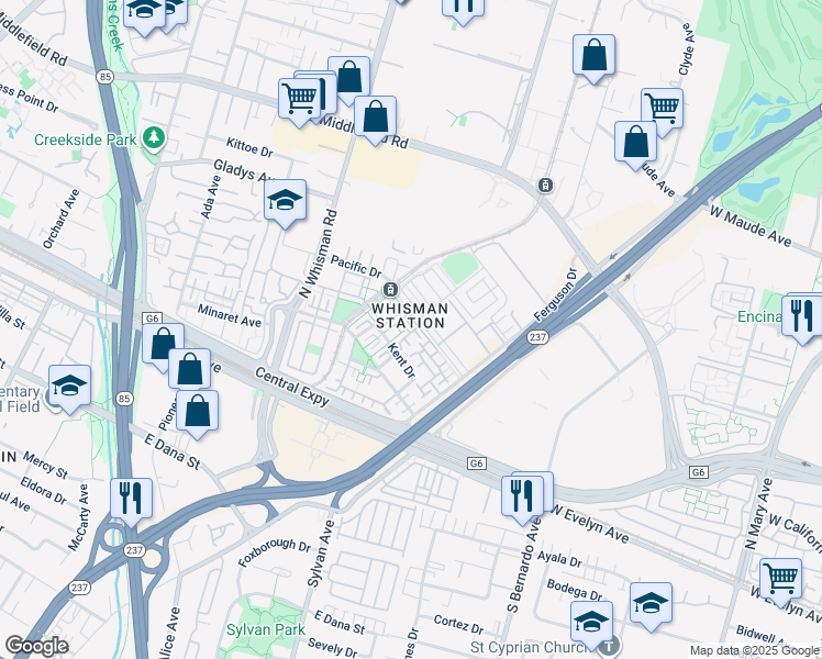 map of restaurants, bars, coffee shops, grocery stores, and more near 424 Kent Drive in Mountain View