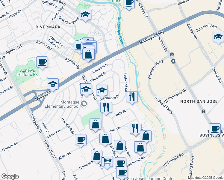 map of restaurants, bars, coffee shops, grocery stores, and more near 475 Wildwood Way in Santa Clara