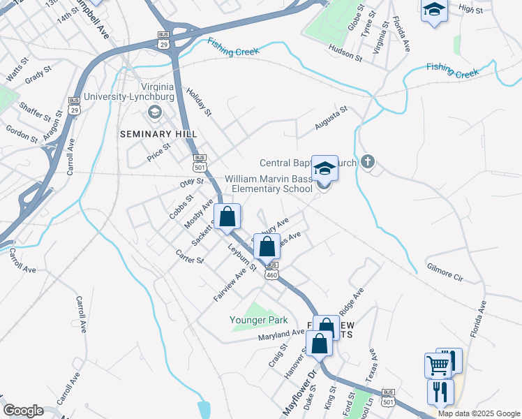 map of restaurants, bars, coffee shops, grocery stores, and more near 1932 Triangle Place in Lynchburg