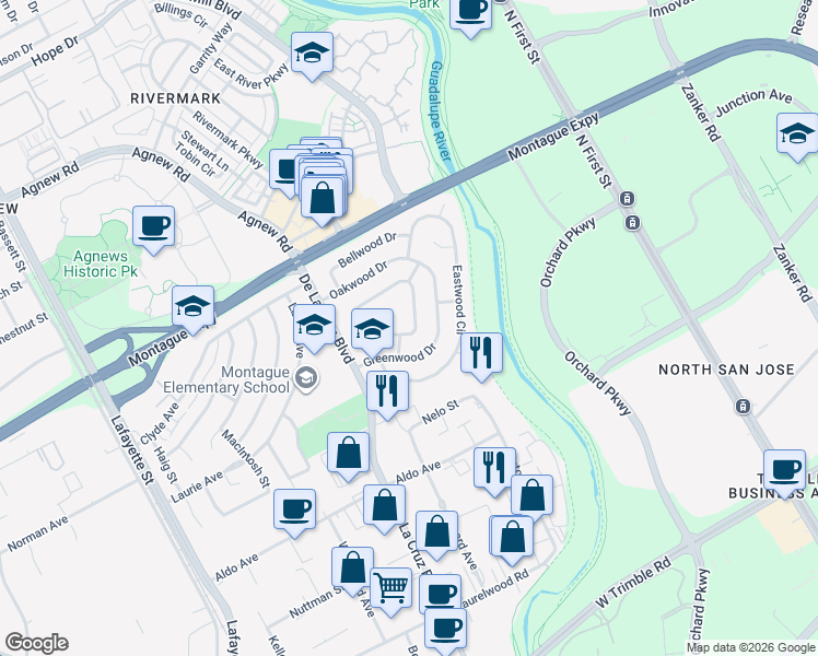 map of restaurants, bars, coffee shops, grocery stores, and more near 475 Wildwood Way in Santa Clara