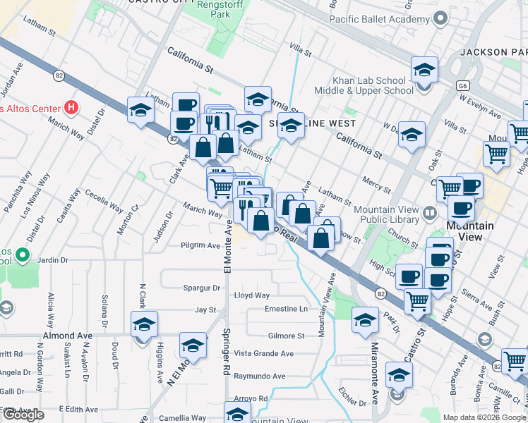 map of restaurants, bars, coffee shops, grocery stores, and more near 1720 West El Camino Real in Mountain View