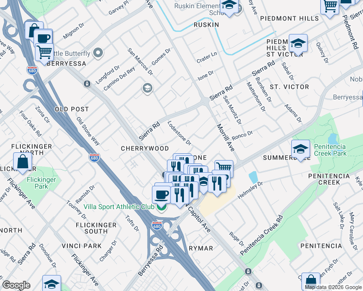 map of restaurants, bars, coffee shops, grocery stores, and more near 2566 Amaryl Court in San Jose