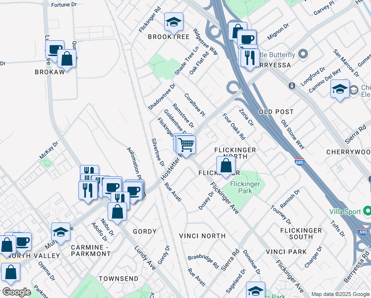 map of restaurants, bars, coffee shops, grocery stores, and more near Hostetter Road & Flickinger Avenue in San Jose