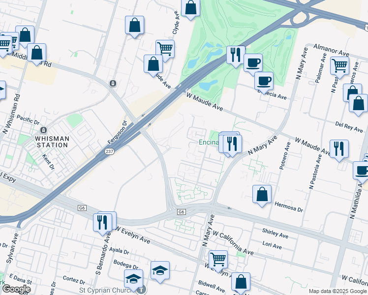 map of restaurants, bars, coffee shops, grocery stores, and more near 395 Ano Nuevo Avenue in Sunnyvale