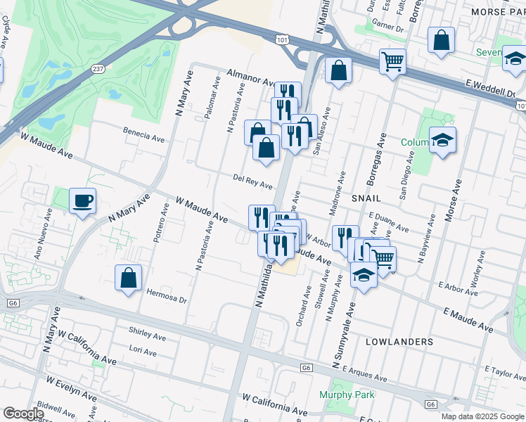 map of restaurants, bars, coffee shops, grocery stores, and more near 555 North Mathilda Avenue in Sunnyvale